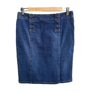 J. Jill Stretch Denim Pencil Skirt Button Front Accent Double Slit Zip Up SZ 8